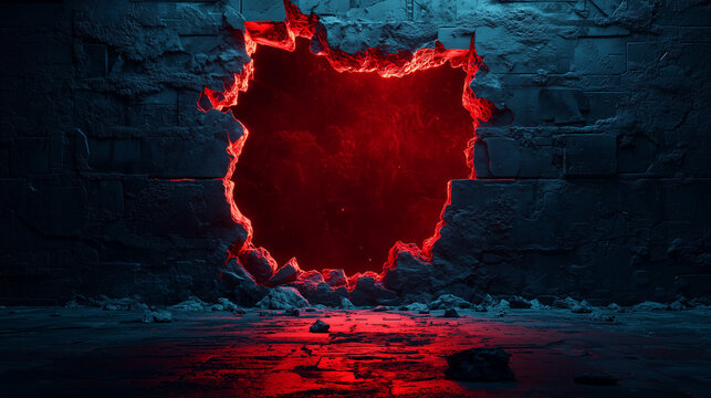Mysterious glowing red portal breaking through a dark stone wall with intense lighting and shadows