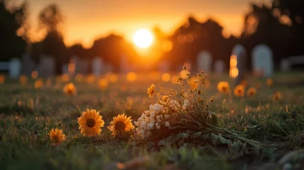 Wildflowers laid on a grave with a sunset backdrop, evoking feelings of peace, remembrance, and the transient beauty of life amidst a serene, final resting place.