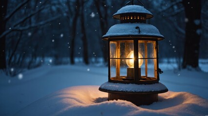 A vintage lantern covered in snow, casting a warm glow in the winter night