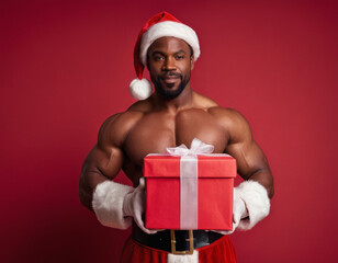 A muscular Black man dressed as Santa holding a red Christmas gift against a red background. This image is ideal for holiday fitness promotions, unique Christmas ads, and festive marketing. 