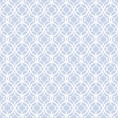 Abstract geometric seamless pattern. Light blue and white ornament background. Vector minimal texture with grid, lattice, mesh, lace, grating, fence, net. Subtle  oriental pattern. Repeated design