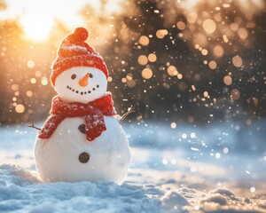 A cheerful snowman with a red hat and scarf is surrounded by a snowy landscape. Soft snowflakes fall as the sun sets in the background, creating a warm glow.