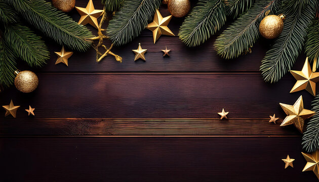  A dark wooden background features golden stars and baubles alongside fir branches, acco_1(45)