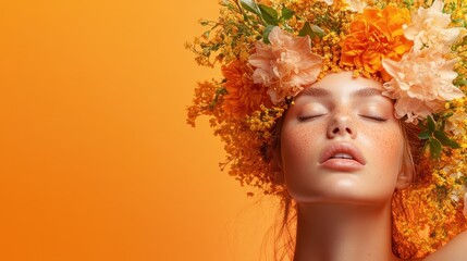 A dreamy portrait of a woman with closed eyes and a flowered crown, expressing serenity and beauty against a bright orange wall, capturing a natural grace.