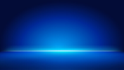 Studio dark blue gradient neon background, light glowing bright floor and wall, empty room interior for display product in night tone and shiny surface for car, motorcycle, modern technology.