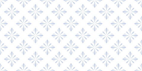 Vector geometric floral seamless pattern. Simple blue and white luxury texture in oriental style. Abstract vintage background with flower silhouettes, diamond shapes, stars, snowflakes. Elegant design