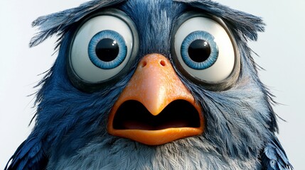 A close-up shot of a blue cartoon bird with big eyes and an open mouth, looking scared.