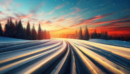 Obraz premium A road curving through a snowy forest at sunset with trees on both sides and a vibrant sky filled with orange and blue hues.