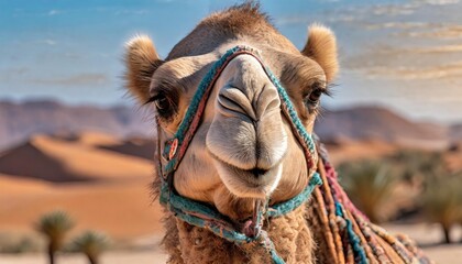Close-up of a camel with decorated harness in desert setting