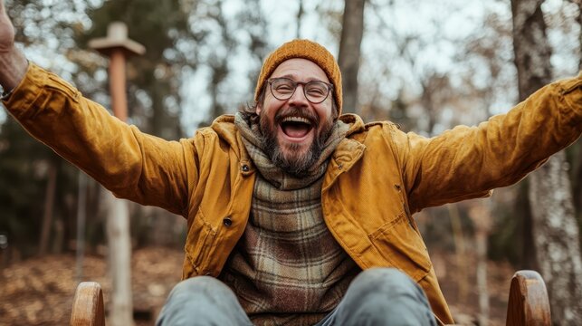 A jovial man wearing glasses and an orange beanie joyfully stretches his arms out in a forest clearing, surrounded by trees and layered in autumn clothing.