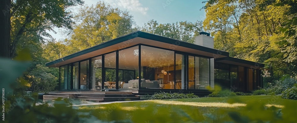 Poster modern house with large windows and a deck in a lush green forest.