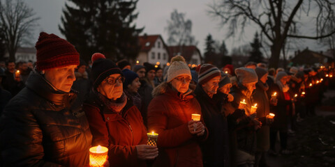 Naklejka premium A large group of people stands together at twilight, holding candles with illuminated flames.