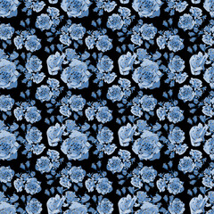Floral, grey pink blue yellow roses blue seamless pattern. Seamless pattern of twigs with rosebuds....