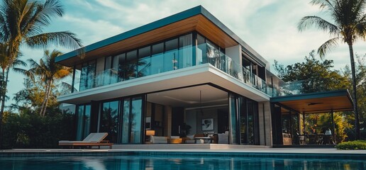 Modern house with large windows and a pool overlooking the ocean.