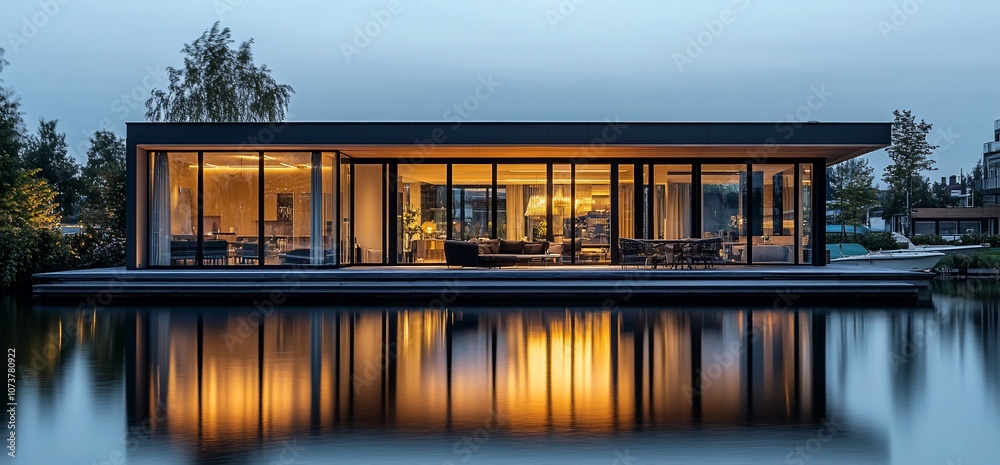Poster Modern house with large windows and a reflection in a still lake at dusk.