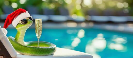 Festive snake with santa hat and sunglasses by poolside with champagne, banner format