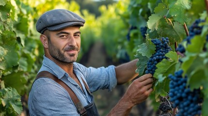Man Harvesting Grapes in Vineyard Wearing Denim Shirt and Flat Cap