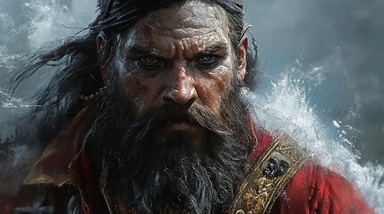 Obraz premium Close-up portrait of a fierce pirate with a long beard and intense eyes.