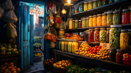 Fototapeta premium Vibrant Market Stall Showcasing a Variety of Artisanal Fermented Pickles Surrounded by Fresh Local Vegetables and Spices