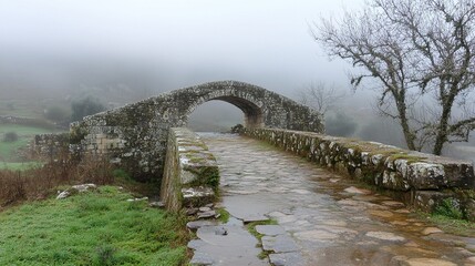 Fototapeta premium Historic Stone Bridge Over Foggy River.