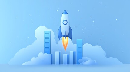 A rocket taking off over an upward-trending bar graph, Business graph chart rocket