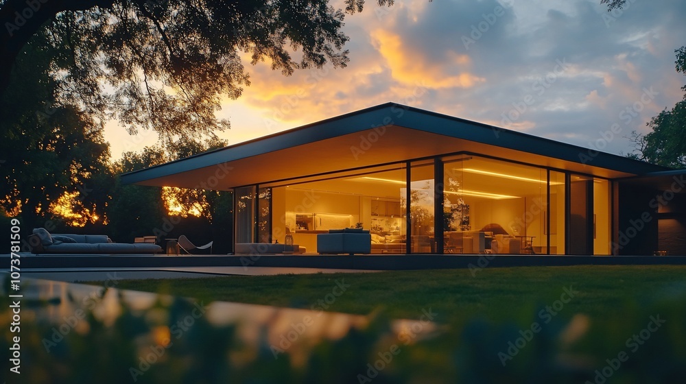 Poster Modern house with large windows illuminated at dusk.