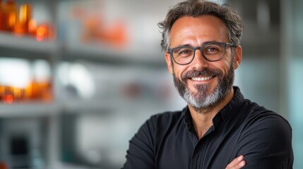 Naklejka premium A happy scientist with dark hair and glasses smiles confidently in a bright laboratory, portraying optimism, professionalism, and a positive approach to scientific work.