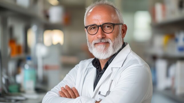 An esteemed scientist with a clean lab coat and glasses poses proudly in a well-kept laboratory, exuding authority, proficiency, and a drive for scientific inquiry.
