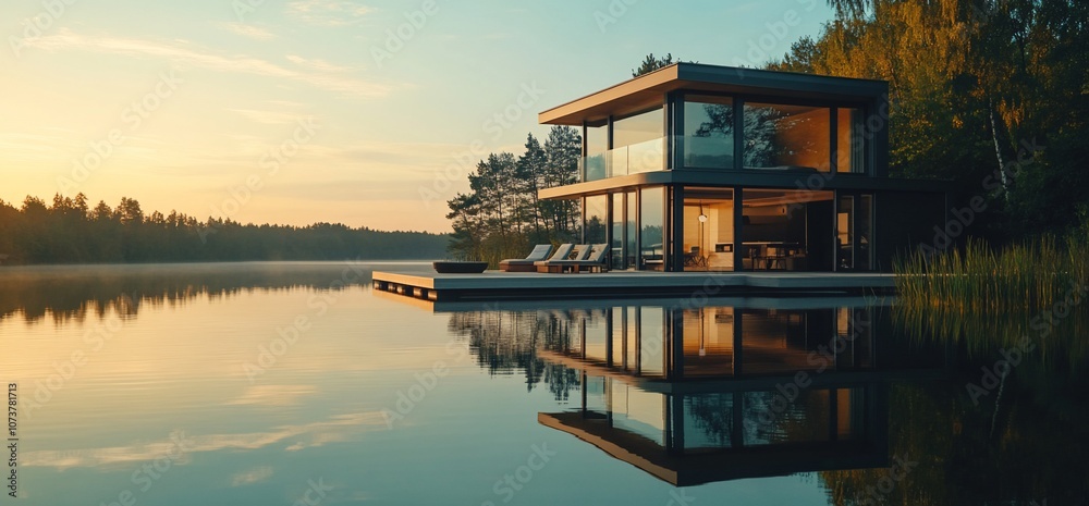 Poster modern house with large windows on a lake reflecting in the calm water at sunset.
