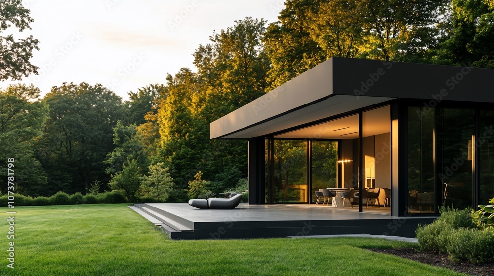 Poster modern house with large windows overlooking a grassy lawn with trees in the background at sunset.
