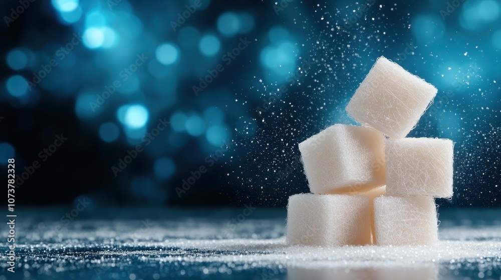 Wall mural close-up image of sugar cubes meticulously stacked with shimmering blue bokeh in the background, cre