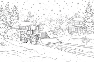 A snow plow tractor clearing a path near a cozy house in a snowy winter village surrounded by pine trees