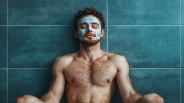 A shirtless man with a blue face mask on, sitting against a blue tiled wall with eyes closed, in a relaxed and serene pose, embodying tranquility and self-care.