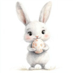 Obraz premium Cute cartoon bunny holding an Easter egg, against a white background, in the style of a vector illustration