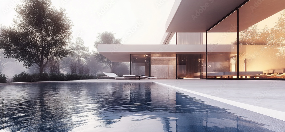 Poster modern house with pool in the suburbs.