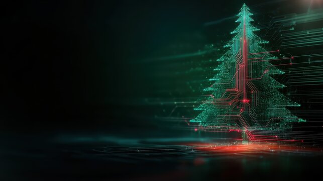 A digital Christmas tree glows in green amidst a futuristic circuit background, symbolizing the blend of traditional festivity with cutting-edge technology.