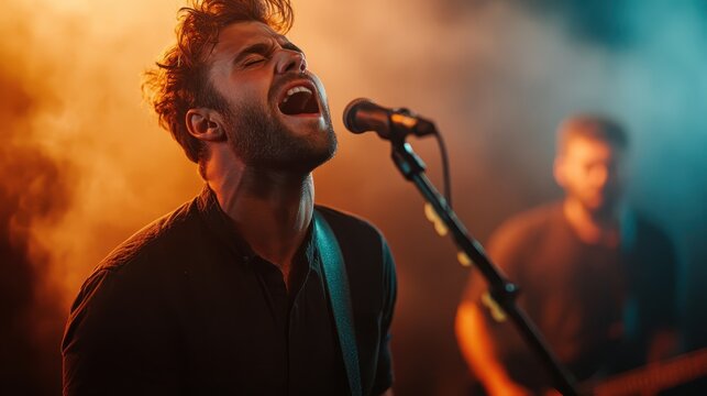 A rock vocalist is energetically performing with passion onstage, captured in a moment of intense emotion as he sings into the microphone amidst glowing stage lights.