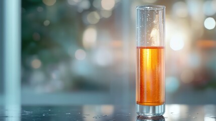 An upright glass tube contains a striking orange liquid, positioned in a bright, blurred background that hints at a modern scientific experimentation environment.