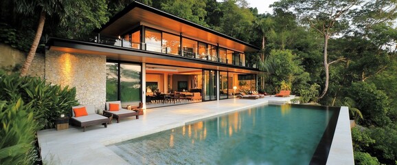Obraz premium Modern house with swimming pool and lush vegetation.