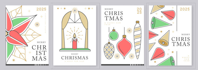 Set of modern line art Merry Christmas and Happy New Year greeting cards, covers or posters with holiday decoration. Christmas background. Vector illustration