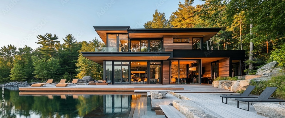 Poster modern lake house with a pool and large windows overlooking a wooded area.