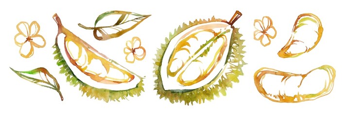 Handcrafted watercolor durian collection featuring vibrant depictions of whole fruits, slices, and tropical leaves. Perfect for culinary art, packaging, branding, and tropical-themed decor.