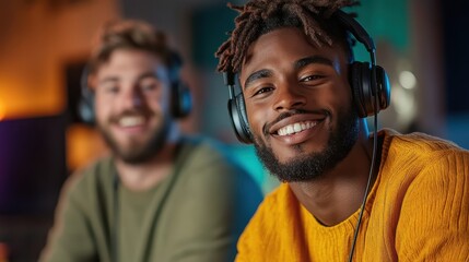Close-up of two friends wearing headphones, enjoying a fun gaming session indoors. The scene captures their engagement in a shared musical experience.
