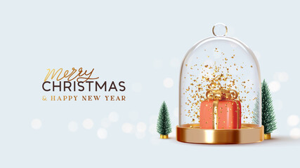 Golden dome with a red gift box inside, topped with sparkling confetti. Festive Merry Christmas and Happy New Year text with miniature fir trees on light blue. Realistic 3d design. vector illustration © lauritta