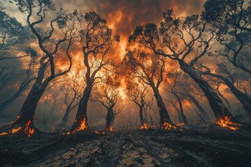 Intense forest wildfire with flames engulfing trees in dramatic landscape scene