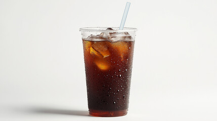 glass of cola with ice on white background