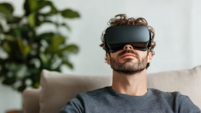 A man with curly hair sits comfortably on a couch while exploring a virtual reality environment, highlighting the blend of comfort and technology.