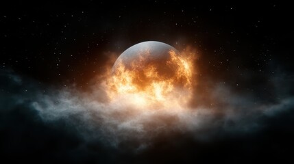 Obraz premium A spectacular image of a luminous planet consumed by fiery clouds, casting an otherworldly glow in the surrounding darkness of space, captivating the observer.