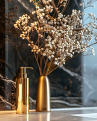 Fototapeta premium Luxury, marble interior of bathroom with countertop, golden accessories, cosmetics, product bottles, flowers. Vertical Showcase. Contemporary hotel design. Generative ai