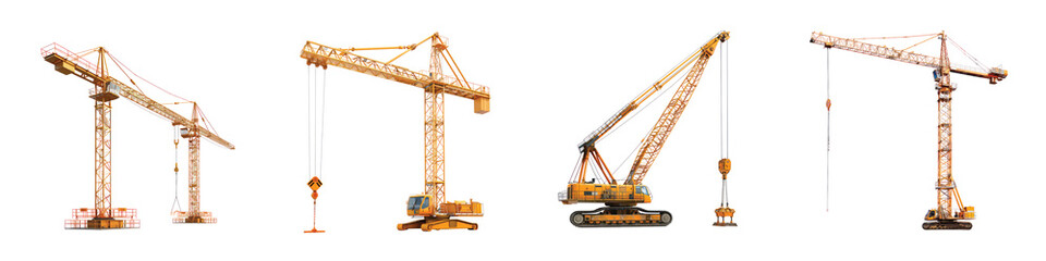 Set of Industrial Construction Cranes Isolated on Transparent Background